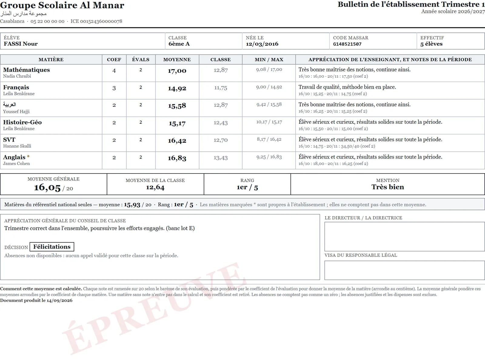 Bulletin d'établissement d'une élève : matières de l'école, moyennes, rang, mention, appréciation du conseil