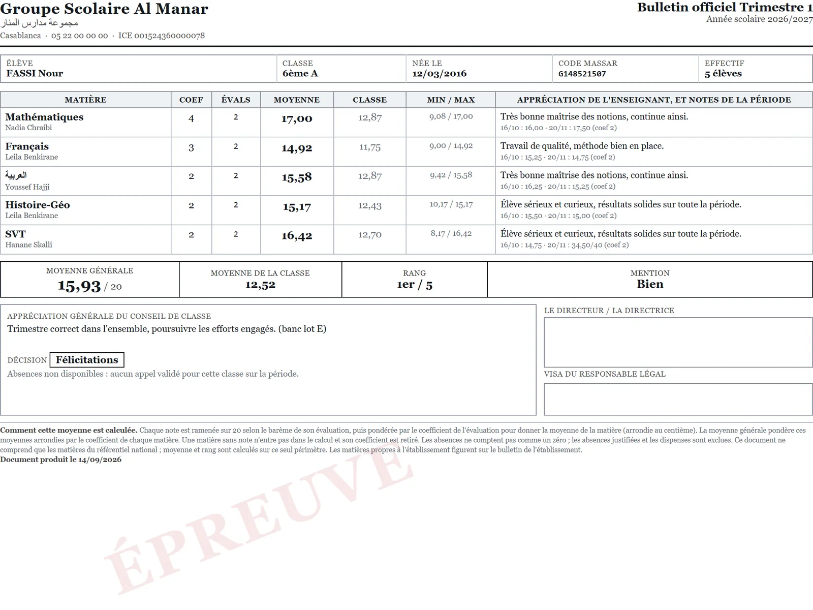 Bulletin officiel d'une élève de 6ème : matières, coefficients, moyennes, min et max de la classe, rang, mention, décision du conseil