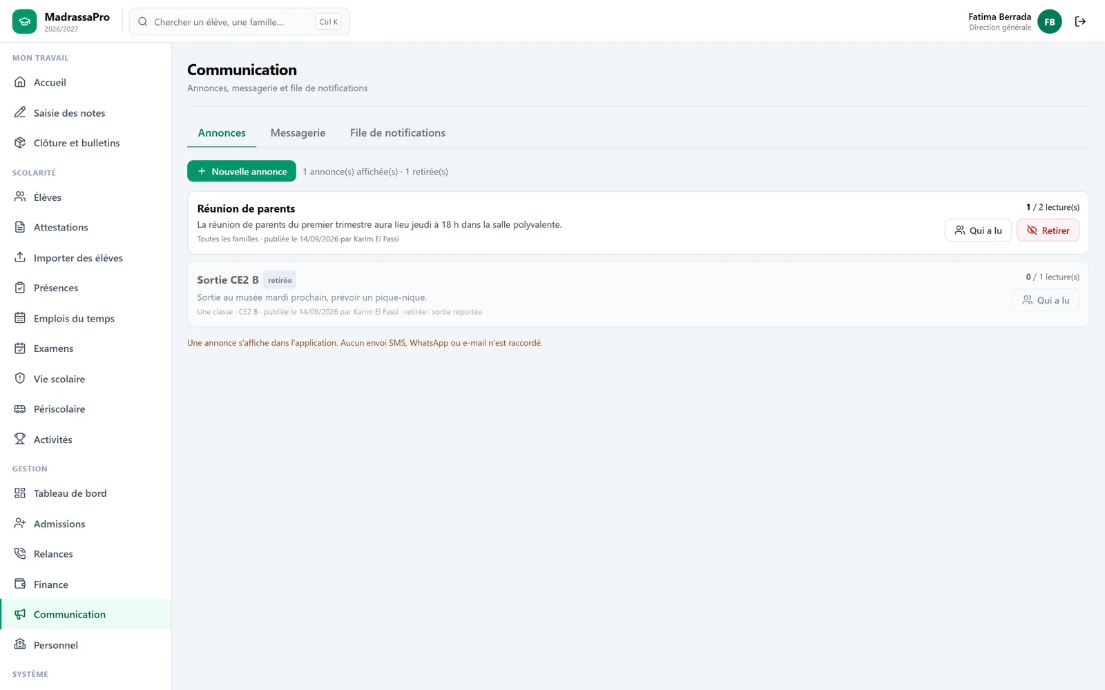 Écran Communication : annonces à toutes les familles ou à une classe, compteur de lectures, messagerie, file de notifications