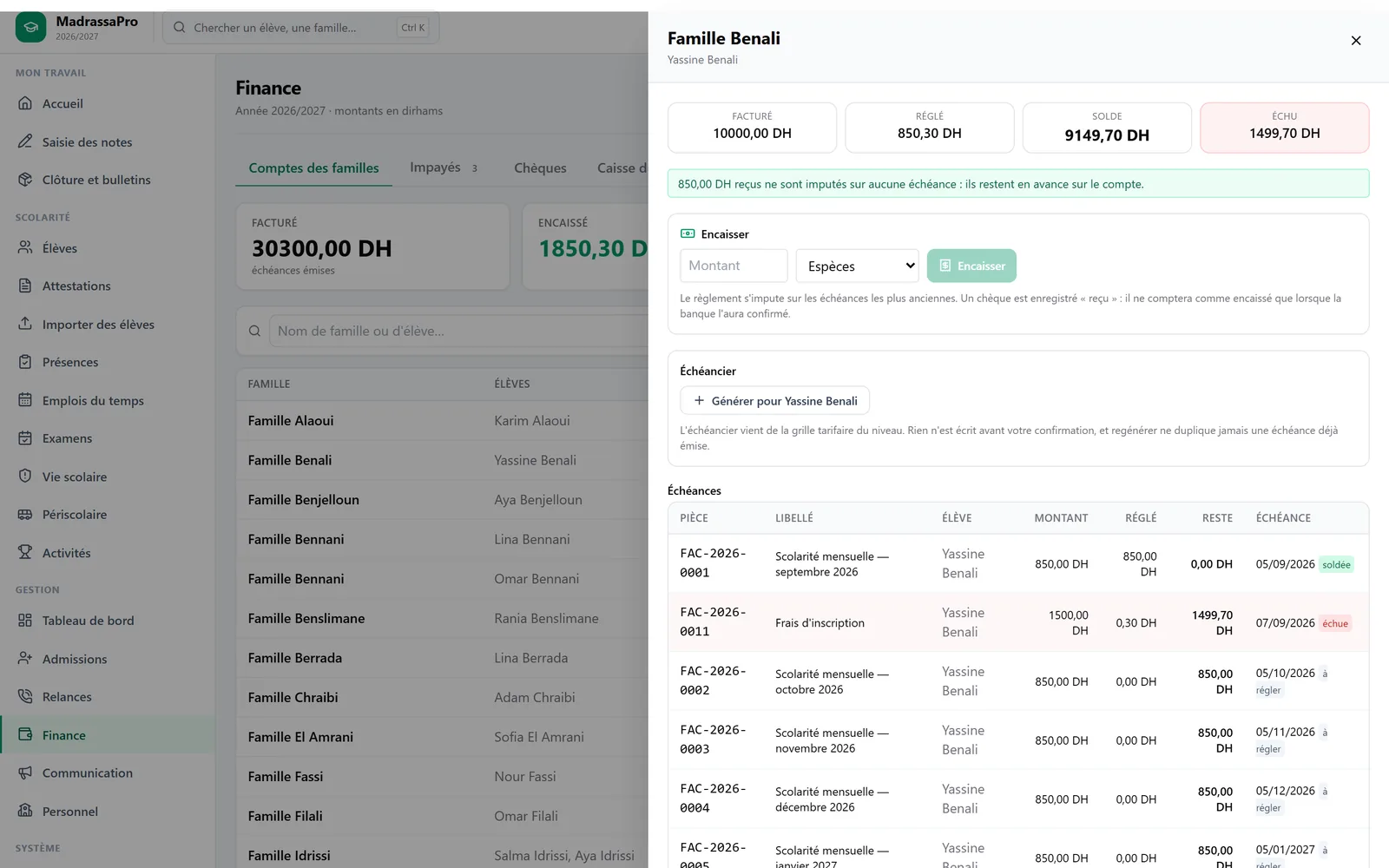 Compte d'une famille : facturé, réglé, solde, échu ; encaissement ; échéancier mensuel avec pièces numérotées