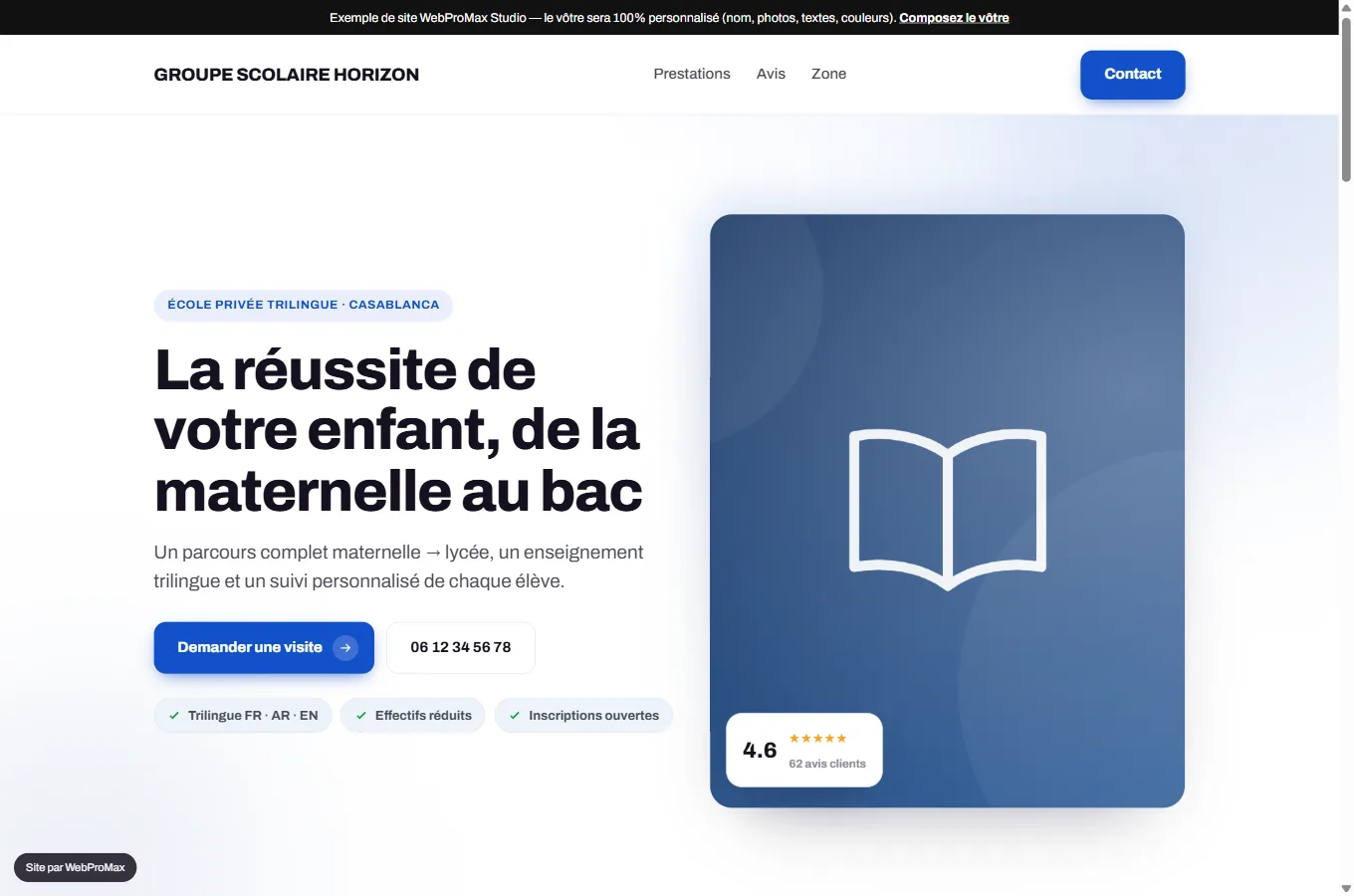 Page d'accueil d'un site d'école privée trilingue, modèle du configurateur WEBPROMAX